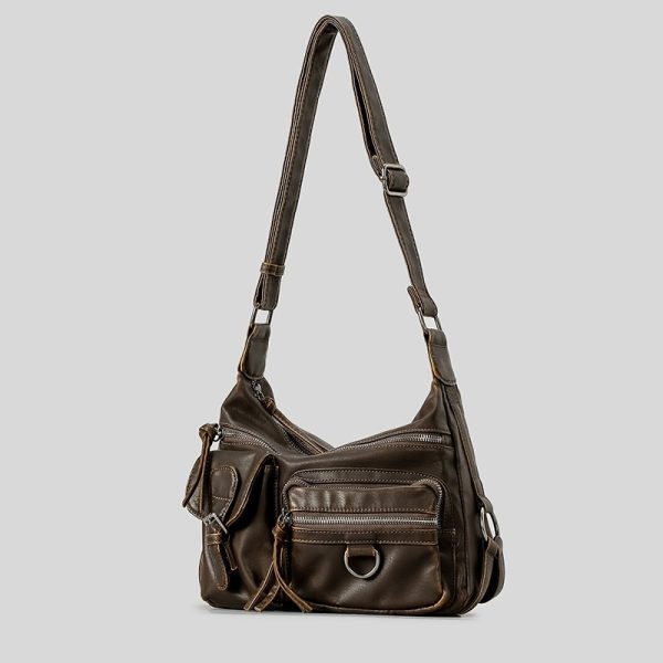 Retro Hot Girl Style Motorcycle Bag Brown Multi-pocket - Image 6