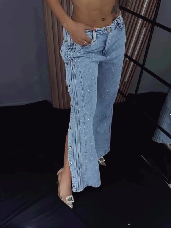 Button Polyester Rhinestone Fashion Jeans - Image 7