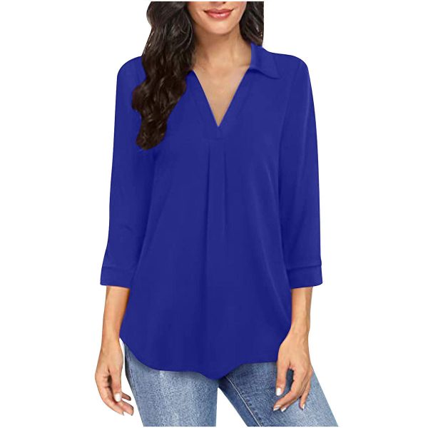 Ladies' Solid Color V-neck Seven Quarter Sleeved Shirt Top With Elegant Chiffon Stitching - Image 5