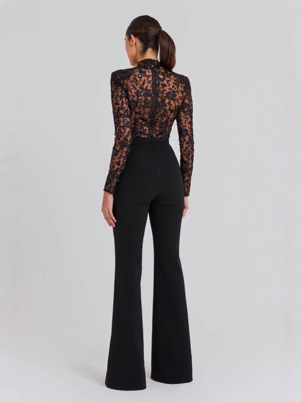 Black See-through Lace Long-sleeved Trousers Jumpsuit - Image 2