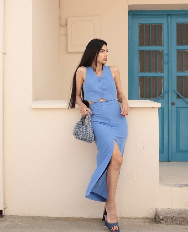 Women's Sky Blue Vest Skirt Two-piece Suit - Image 5