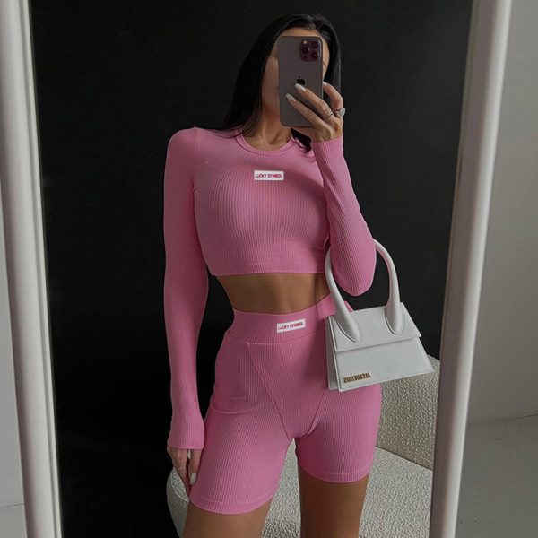 Knitted Long Sleeve Printed Top High Waist Shorts Suit - Image 9