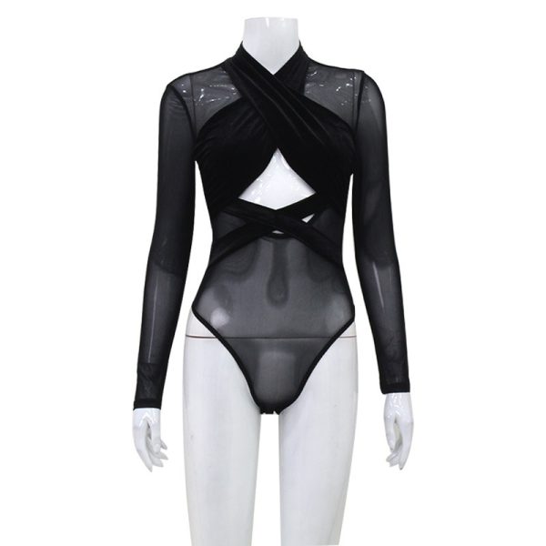 Mesh Velvet Stitching Sexy Hollow-out Tight Long Sleeve Hip Training Pants - Image 5