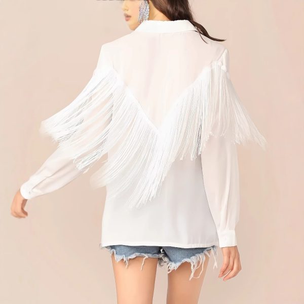 Women's Solid Color Tassel Decoration Long Sleeved Commuting Shirt Loose Casual Top - Image 2