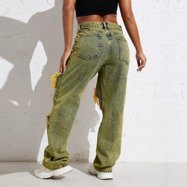 Shascullfites Melody Yellow Wash Streetwear Split Loose Straight Jeans Y2K Ripped Retro Women Denim Pants - Image 5