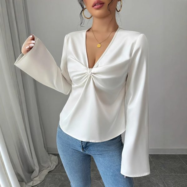 Women's Elegant Solid Color V-neck Ruffled Front Flared Sleeve Shirt - Image 6