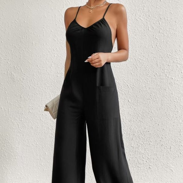 Ladies' Cross Leisure Vacation Lazy Backless Wide Leg Pants Camisole Skirt Jumpsuit - Image 3