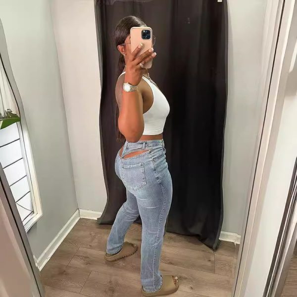 Back Waist Hollow Stretch Jeans - Image 2