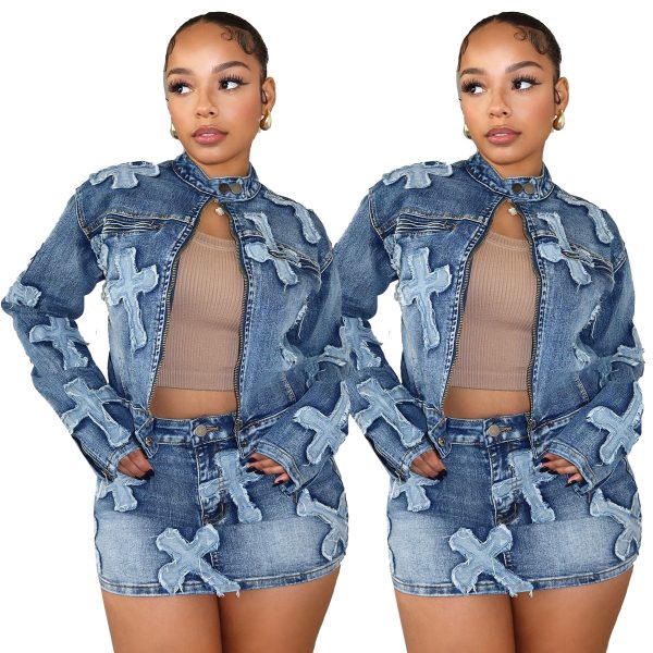 Denim Embroidered Short Skirt Jacket Suits Suit - Image 5