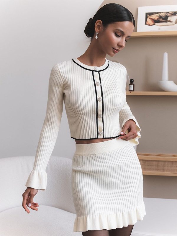 Ruffled Pearl Buckle Suit Knitted Mini Dress Two-piece Set For Women - Image 6