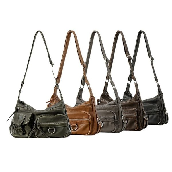 Retro Hot Girl Style Motorcycle Bag Brown Multi-pocket - Image 8