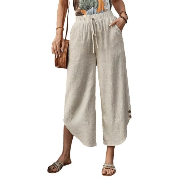 Cotton And Linen Drawstring Cropped Loose Pockets Casual Pants - Image 5