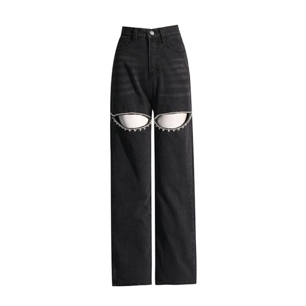Diamond Beaded Design Straight Mid-waist Long Hollow Jeans - Image 8
