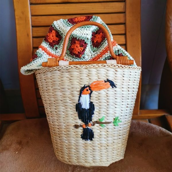 Birds Embroidered And Rope Paper Beads Wooden Decorated Straw Fabric Bag - Image 3