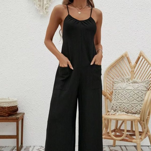 Ladies' Cross Leisure Vacation Lazy Backless Wide Leg Pants Camisole Skirt Jumpsuit - Image 4