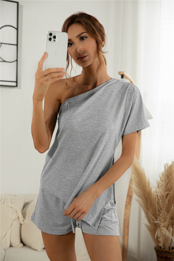Off-the-shoulder Short Sleeve Sloping-shoulder Off The-shoulder Casual Two-piece Suit - Image 4