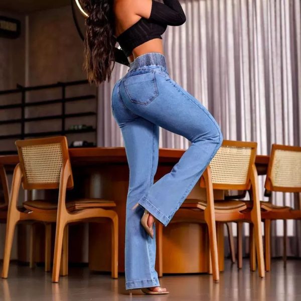 Sexy Elegant New Fashion Casual Female Trouser Bottom Back Shirred Button Front High Waist Jeans - Image 2