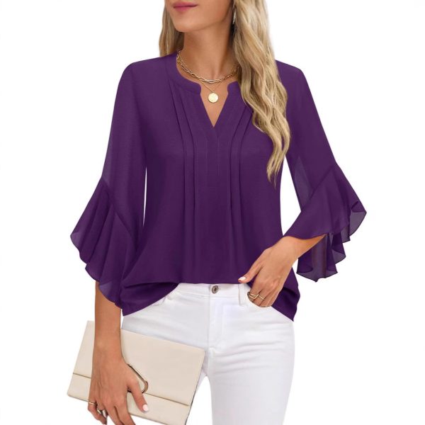 Women's Three-quarters Sleeve Tops Dressy Casual Business Work Blouses Chiffon Office Shirts - Image 3