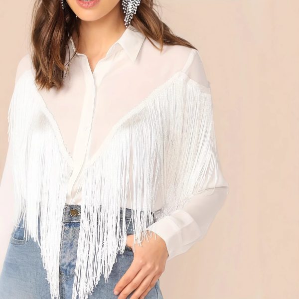 Women's Solid Color Tassel Decoration Long Sleeved Commuting Shirt Loose Casual Top - Image 4