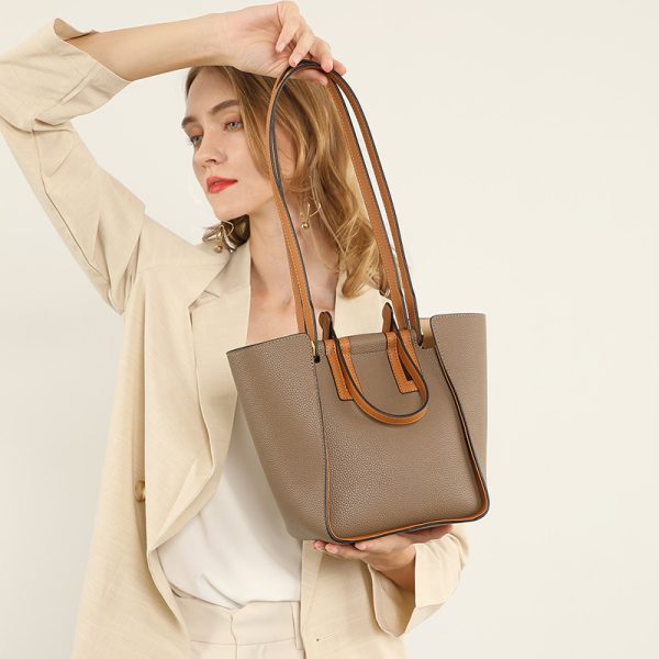Color Block Leather All Match Commute Handbag - Image 5