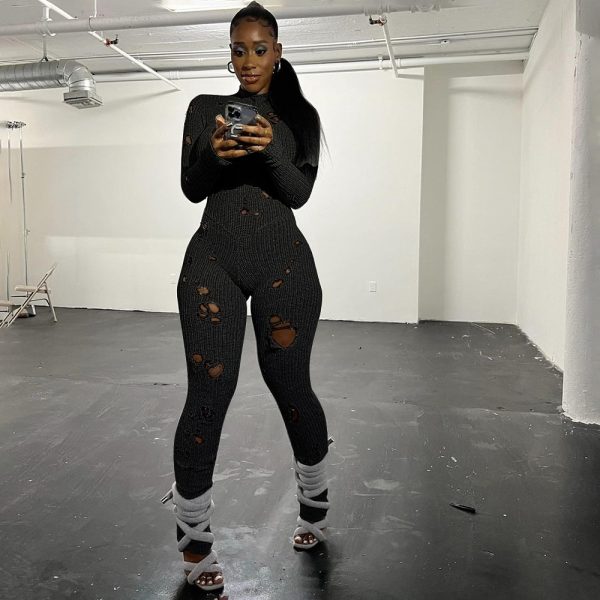 Women's Solid Color Casual Long Sleeves Wool Lace-up Ripped Slim Fit Long Conjoined Trousers - Image 3