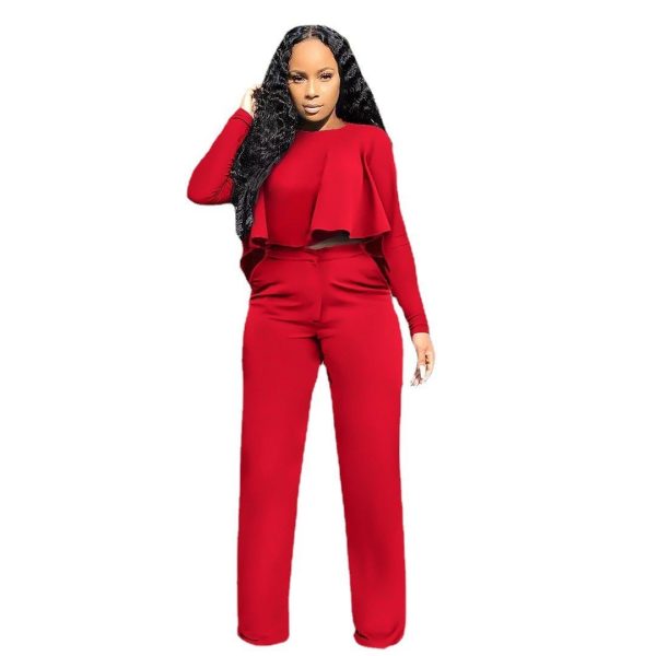 Solid Color Hollow-out Long Sleeve High Waist Wide Leg Pants Two-piece Set - Image 5