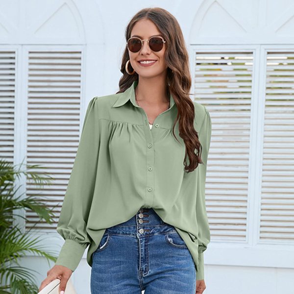 Women's Solid Color Simple Chiffon Pleated Long-sleeved Shirt - Image 3