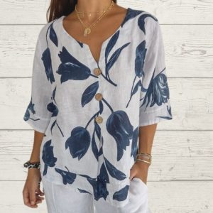 Women's Printed Cotton And Linen V-neck Seven Part Sleeve Top Shirt Casual Shirt