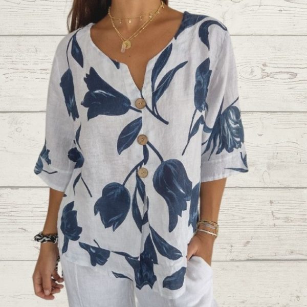 Women's Printed Cotton And Linen V-neck Seven Part Sleeve Top Shirt Casual Shirt