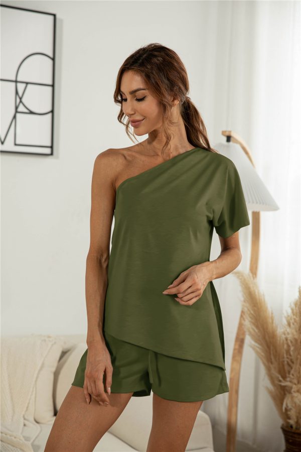 Off-the-shoulder Short Sleeve Sloping-shoulder Off The-shoulder Casual Two-piece Suit - Image 2