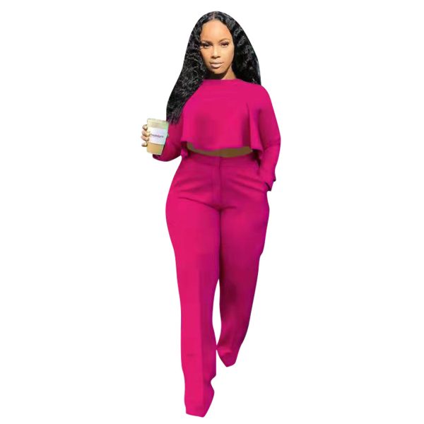 Solid Color Hollow-out Long Sleeve High Waist Wide Leg Pants Two-piece Set - Image 8
