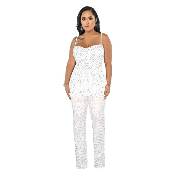 Women's Wear Rhinestone Mesh Camisole Sleeveless Trousers Jumpsuit - Image 8