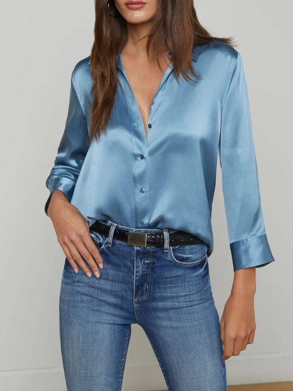 Satin Rayon Shirt Women's Solid Color Top Elegant Lapel - Image 6