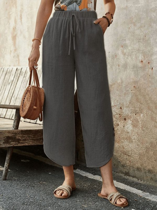 Cotton And Linen Drawstring Cropped Loose Pockets Casual Pants - Image 10