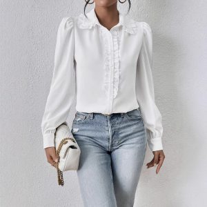Women's Long-sleeved Temperament White Ruffled Puffed Sleeve Blouse