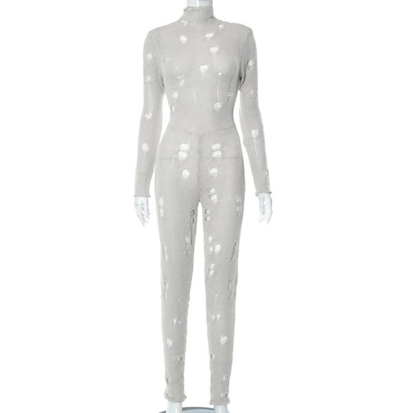 Women's Solid Color Casual Long Sleeves Wool Lace-up Ripped Slim Fit Long Conjoined Trousers - Image 4