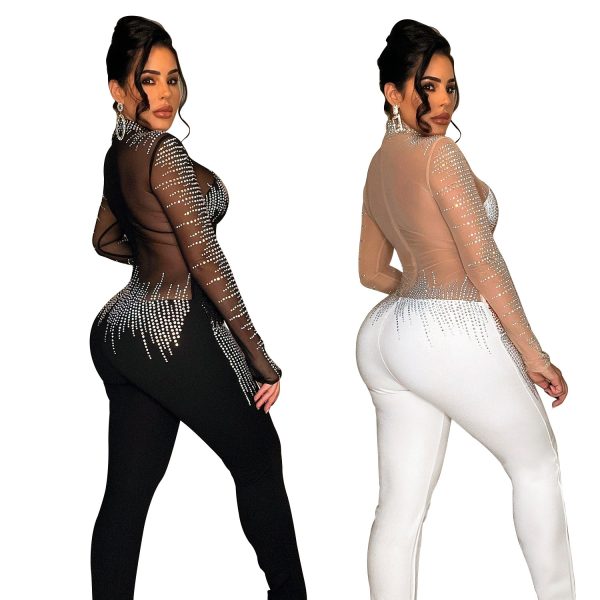 Women's Pure Color Mesh Rhinestone Long-sleeved Trousers Jumpsuit - Image 2