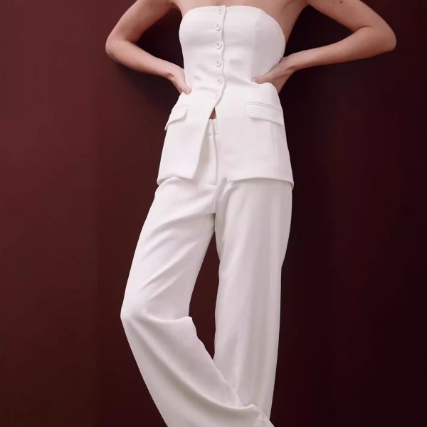 Graceful Tube Top Suit Fashion Button Sleeveless Top And Straight Pants Women's Trousers Set - Image 4