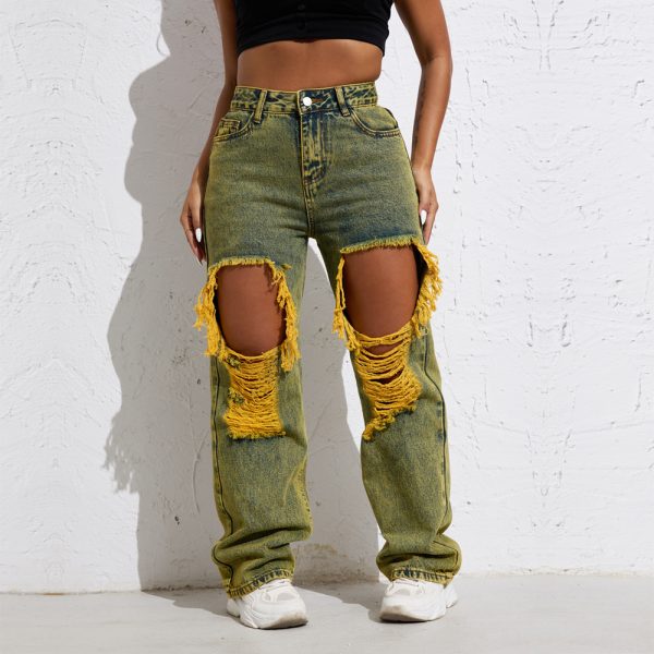 Shascullfites Melody Yellow Wash Streetwear Split Loose Straight Jeans Y2K Ripped Retro Women Denim Pants - Image 2