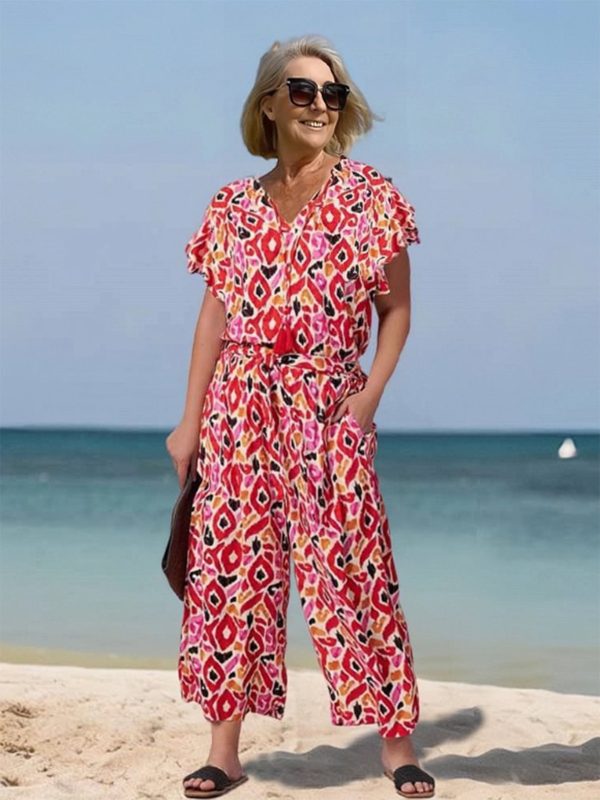 Loose Short Sleeve V-neck Printed Jumpsuit - Image 2