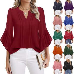 Women's Three-quarters Sleeve Tops Dressy Casual Business Work Blouses Chiffon Office Shirts