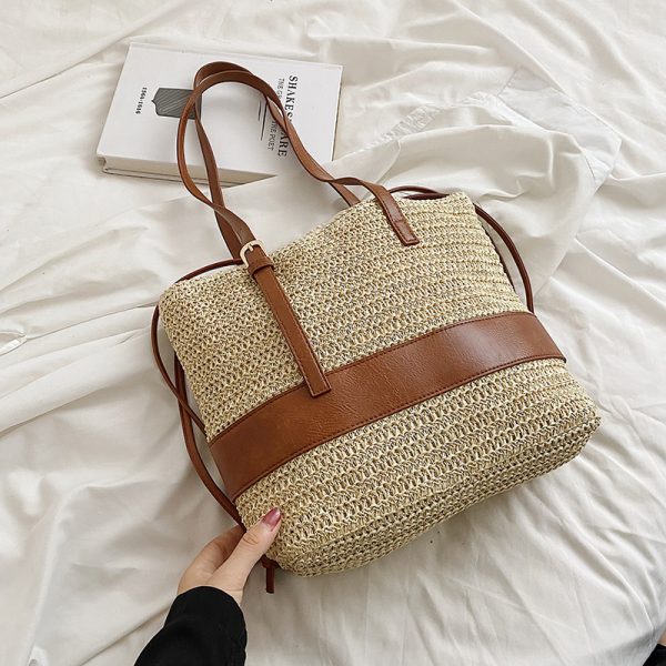 Women's Patchwork One Shoulder Straw Woven Bag - Image 7