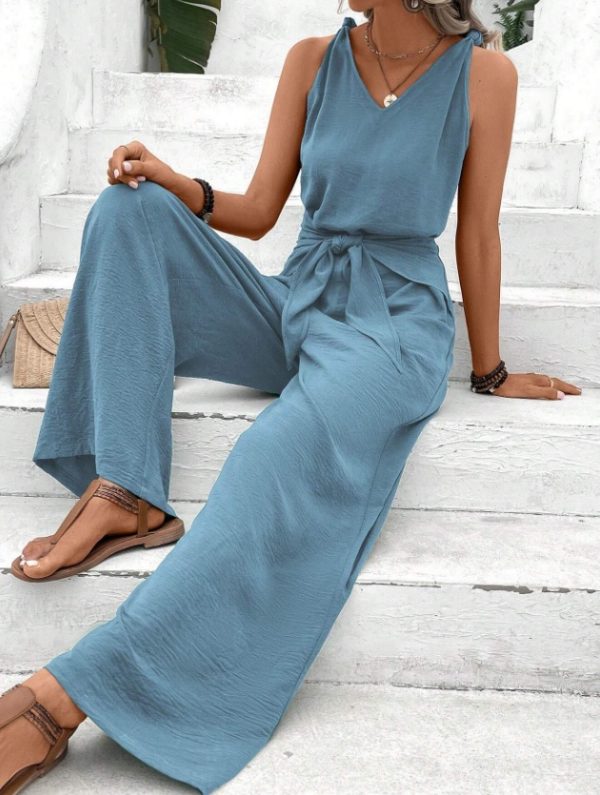 Blue V-Neck Twist Strap Jumpsuit For Women - Image 4