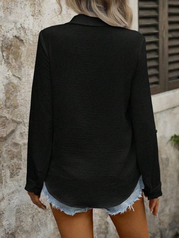 Casual Solid Color Pocket Button-Front Long Sleeve Minimalist Shirt - Image 3