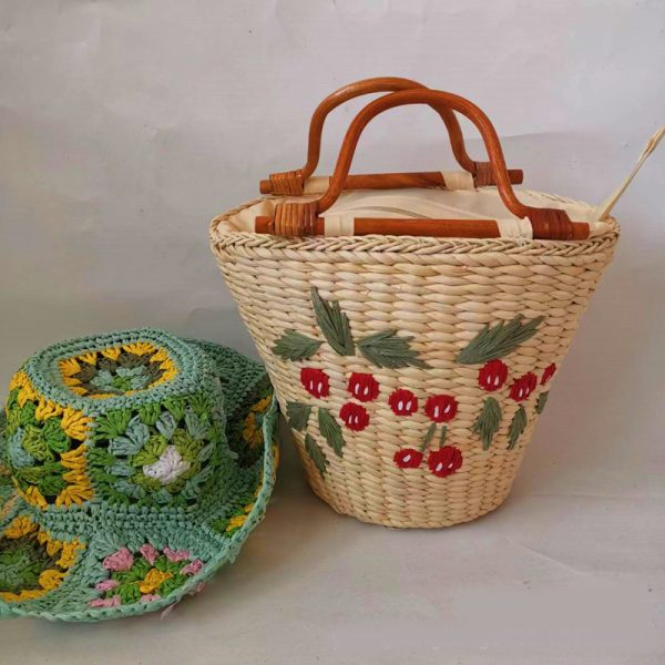 Straw Braided Bag Type Bucket With Vintage Handle In Rattan