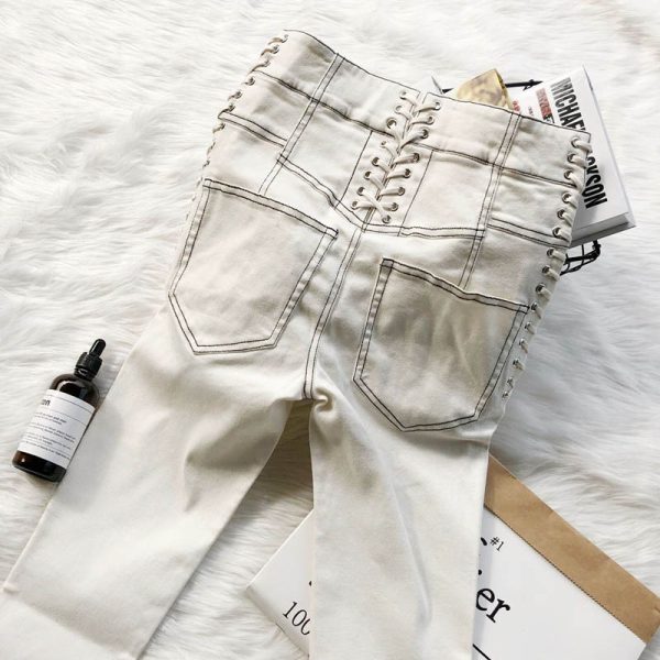 Versatile drawstring white jeans - Image 4