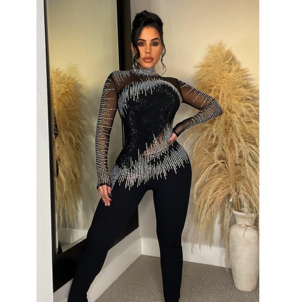 Women's Pure Color Mesh Rhinestone Long-sleeved Trousers Jumpsuit - Image 7