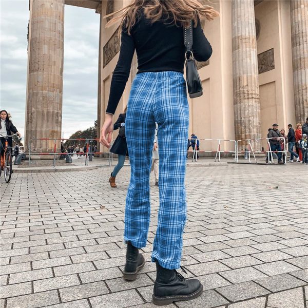 Blue check stitching straight pants - Image 8