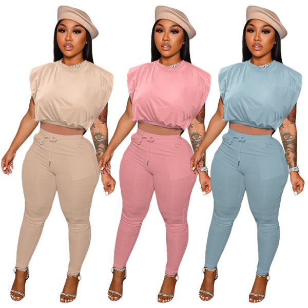 Pure Color Tight Sleeveless Padded Shoulder T-shirt String Pocket Two-piece Set - Image 6