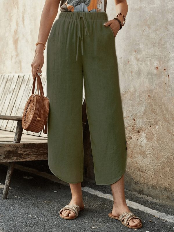 Cotton And Linen Drawstring Cropped Loose Pockets Casual Pants - Image 8